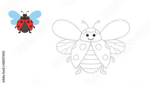 Cute dot-to-dot and coloring page activity for young children, illustrating a happy ladybug with open wings and spots.
