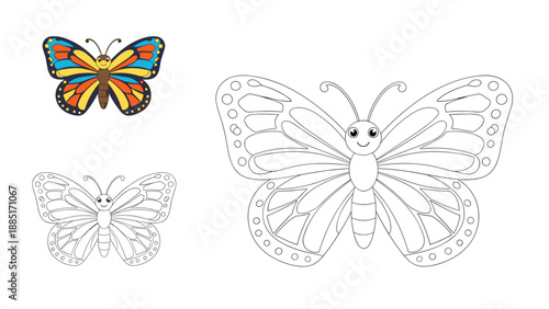 Creative connect the dots and coloring worksheet for children featuring a beautiful butterfly with intricate wing patterns.