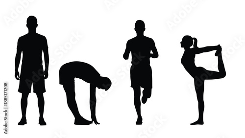 Black silhouettes of a woman dancing in long dress set against white background, expressive feminine graceful poses, artistic, elegant movements