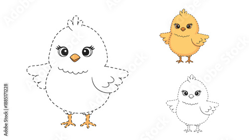 Adorable connect the dots and coloring page for kids featuring a cute baby chick with big eyes, and a colored example.