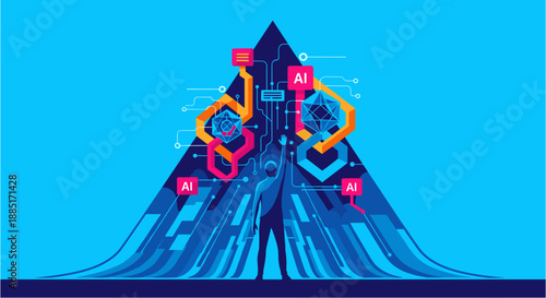 A vibrant digital illustration depicting artificial intelligence concepts, data flow, and technological advancement within a pyramid structure, symbolizing growth and innovation.