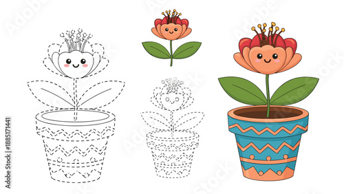 Kawaii-style connect the dots and coloring page of a happy flower in a decorated pot, with colored versions included.