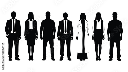 Black silhouettes of business people standing in line, professional men and women in suits and office attire on white background,