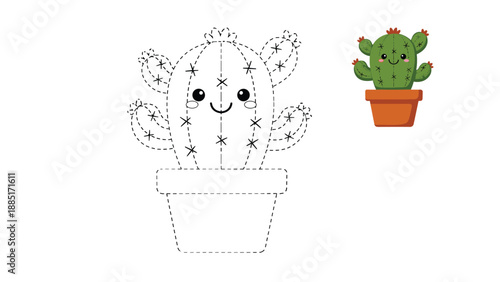 Charming dot-to-dot and coloring page activity for kids featuring a happy kawaii cactus in a pot, with a colored model.