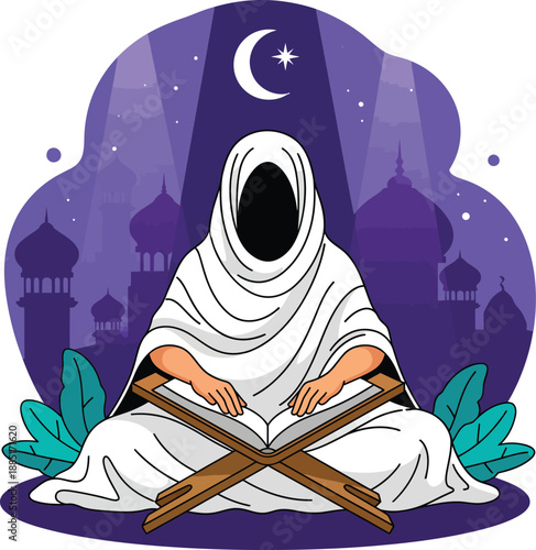 A faceless robed figure sits crosslegged reading a holy book from a wooden rehal stand.