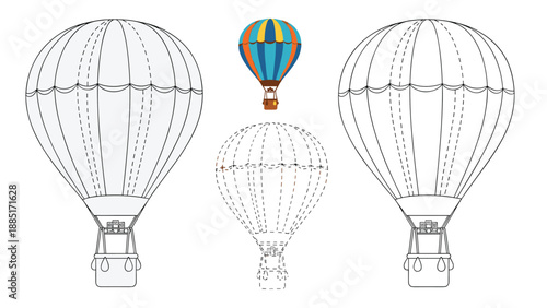 Detailed hot air balloon worksheet for kids with a coloring page, connect the dots activity, and a colorful reference.