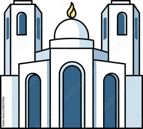 A grand symmetrical white temple illustration with twin towers blue arches and a sacred flame atop its central dome.