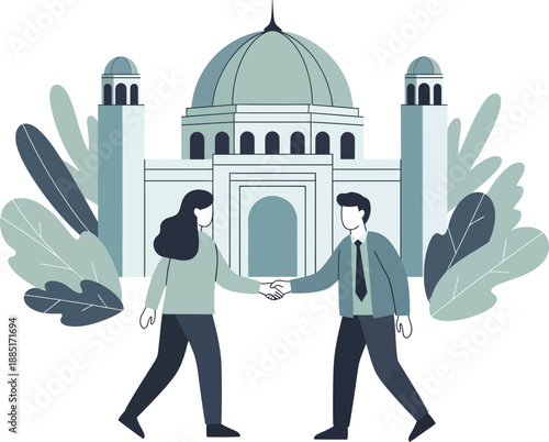 A minimalist flat illustration of a businessman and a woman shaking hands sealing a professional agreement.