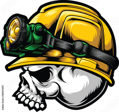 Skeleton head with the miner hard hat and using the flashlight light