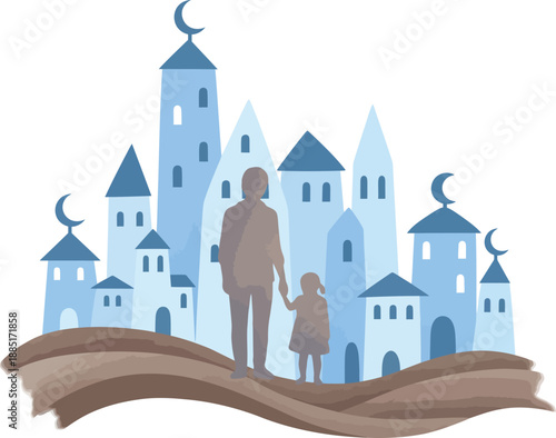A parent and child silhouette holding hands before a stylized blue Islamic cityscape with crescent moons.