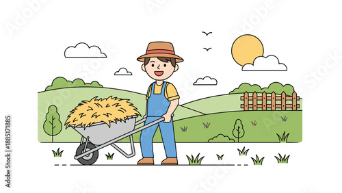 Charming cartoon illustration of a happy farmer pushing a wheelbarrow full of hay on a beautiful sunny day at the farm.