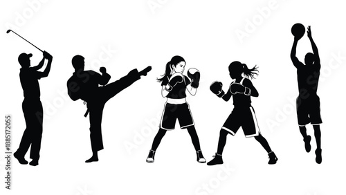 Black silhouettes of diverse athletes practicing golf, karate, boxing and basketball isolated on white background, sports training, active competition set.