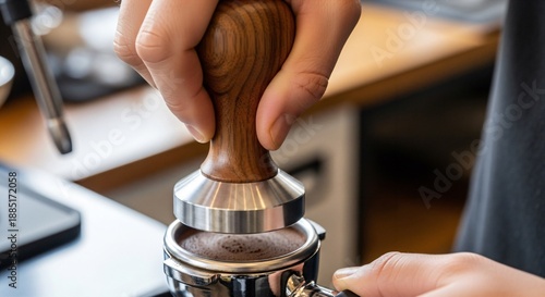 Barista hand using a luxury wooden tamper to press coffee grounds, perfect level, ergonomic grip