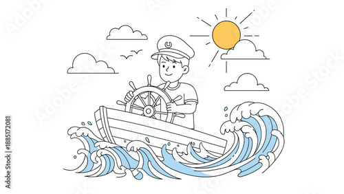 Line art illustration of a young boy in a captain's hat steering a boat through stylized waves under a bright sun.