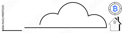 Cryptocurrency, blockchain technology, decentralized finance, cloud computing, data storage, smart homes. Minimal line art showing a cloud, Bitcoin symbol and house. Blockchain and cloud computing
