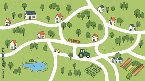 Top-down view of a charming, hand-drawn rural village map with houses, winding roads, trees, a pond, and farm vehicles.