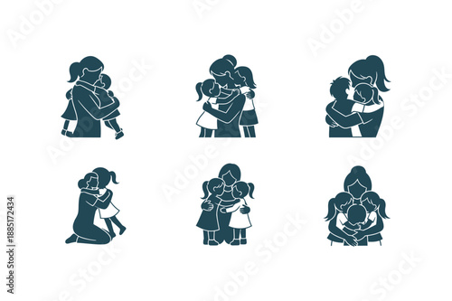 Silhouette of six people in various poses and interactions in dark blue