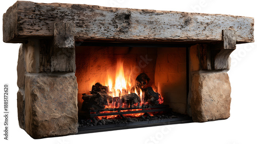 Rustic stone fireplace with a heavy distressed wooden mantelpiece featuring vibrant glowing logs burning warmly inside the hearth opening