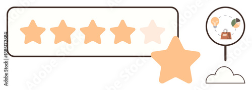 Customer feedback, ratings, online shopping, business analysis, consumer experience, product reviews. Five-star rating with shopping cart and idea icons. Customer feedback and ratings concepts
