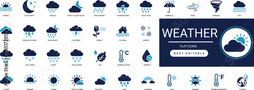 Weather Solid Icons for Forecast and Meteorology featuring Sun Rain Cloud Snow Storm Temperature Wind Moon Climate Professional Vector Set Editable