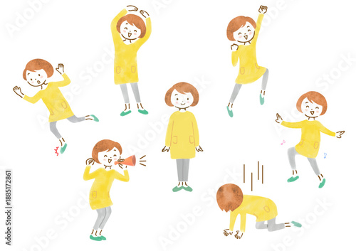 黄色いカジュアルな服を着て、色々な表情とポーズをした女性のイラストセット