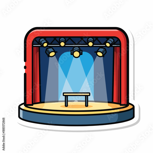 A cartoon stage with red curtains and spotlights