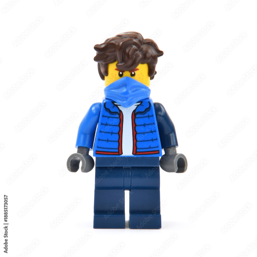 Fototapeta premium Editorial illustrative image of lego ninjago minifigure of character Jay isolated on white