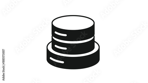 Simple black and white isometric icon representing stacked data storage servers or databases symbolizing complex information technology infrastructure concept