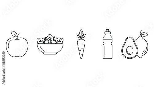 Simple line art icons representing essential healthy food components including an apple a bowl of salad a carrot a water bottle an avocado and a lemon for nutrition concepts