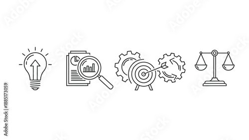 Collection of minimalist line art icons representing core business concepts like idea generation analysis goal setting balance and partnership for strategic planning