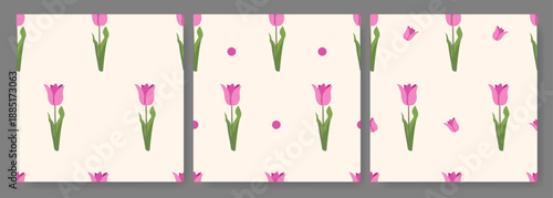 Seamless Pattern Set with Tulips on beige Background. Vector Flower Seamless Pattern Collection with cute summer Tulip. Summer or Spring Print for Fabric, Packaging, Texture, Background, Wallpaper.