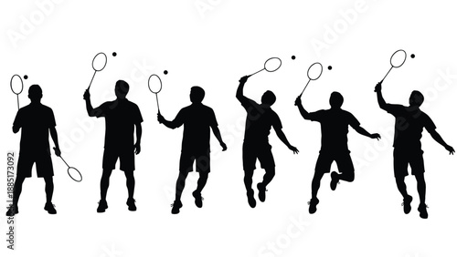 Black silhouettes of men playing badminton with racquets and shuttlecocks isolated on white background for sports fitness and active lifestyle