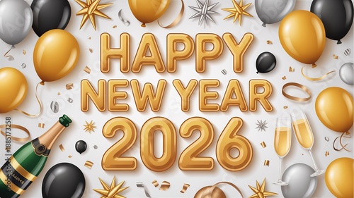 Elegant Gold and Black 2026 New Year Celebration Design with Balloons Champagne and Sparkles Festive Party Theme