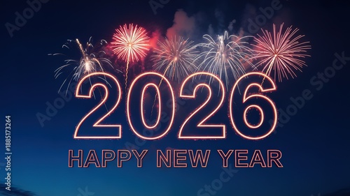 Fireworks Celebrate 2026 New Year Festive Neon Sign Display Night Sky Joyful Celebration Colorful Explosive Display