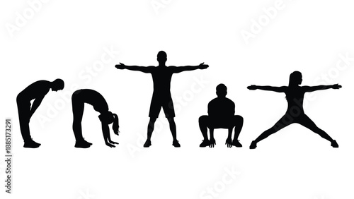 Black silhouettes of people exercising and stretching in various fitness poses, isolated on white background, health wellness active lifestyle training