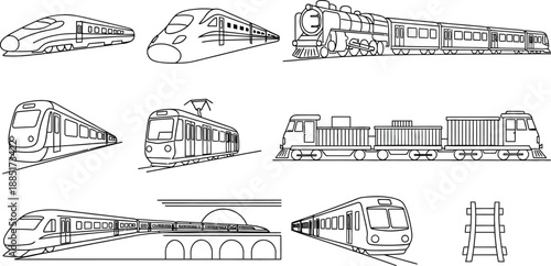 Public transportation metro trains and trams. Classic steam locomotive, a modern high-speed train, and electric passenger trains vector illustration icons.