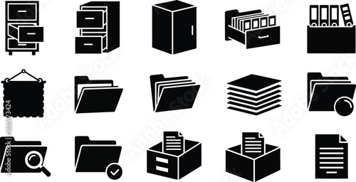 Archiving and document management. Office and storage concepts, including filing cabinets, folders, and documents vector illustration. 
