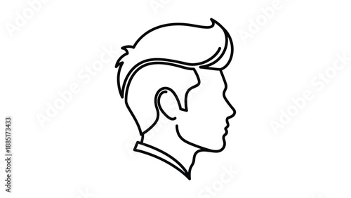 Simple black line art icon depicting the profile silhouette of a modern young man showcasing a stylish quiff hairstyle and side view portraiture