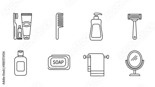 Set of eight black and white line icons representing essential hygiene and grooming products commonly found within a clean modern bathroom setting