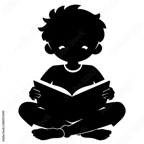 Child reading a book while sitting, black vector silhouette on white background.