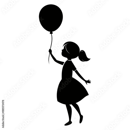 Girl holding a single balloon, floating happily, black silhouette on white background vector.