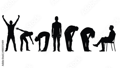 Black silhouettes of people in different poses representing physical therapy exercises mental health recovery stretching movement sitting standing and human body flexibility for wellness healthcare