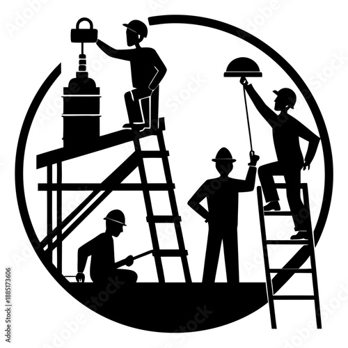 Black silhouette of construction workers safely using a ladder on a building site, representing teamwork and safety, vector on white.