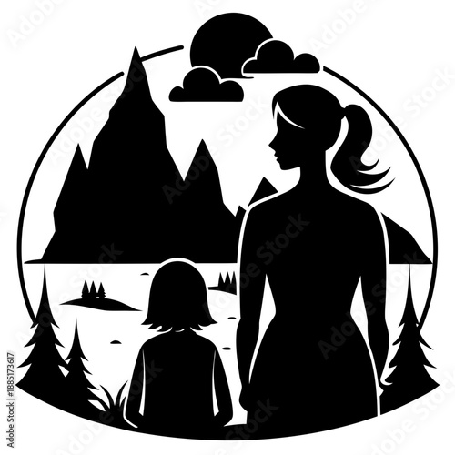Heartwarming black silhouette of a mother and daughter observing a beautiful scenery, cherishing a shared moment, vector on white.