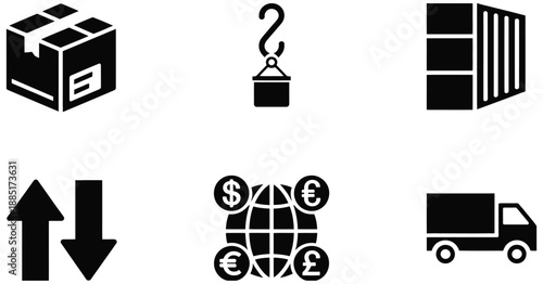Set of black silhouette icons depicting global trade, shipping, and logistics operations, including box, crane hook, shipping containers, arrows, and a delivery truck, vector illustrations for supply 