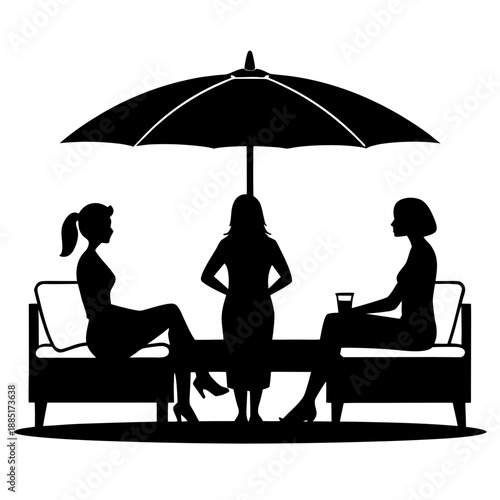 Relaxed black silhouette of friends chatting comfortably on a sofa under a parasol, creating a cozy outdoor lounge scene, vector on white.