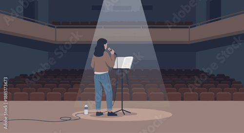 Singer Rehearsing on Stage
A flat vector illustration of a singer rehearsing alone on stage. Empty seats, spotlight, calm mood. Flat vector style, preparation and focus.