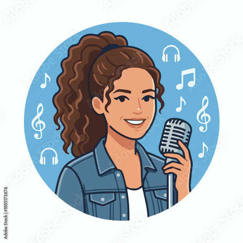 Friendly Singer Portrait
A flat vector illustration of a friendly singer smiling confidently, holding a microphone. Simple background with music icons. Flat vector style ideal for branding or profile 