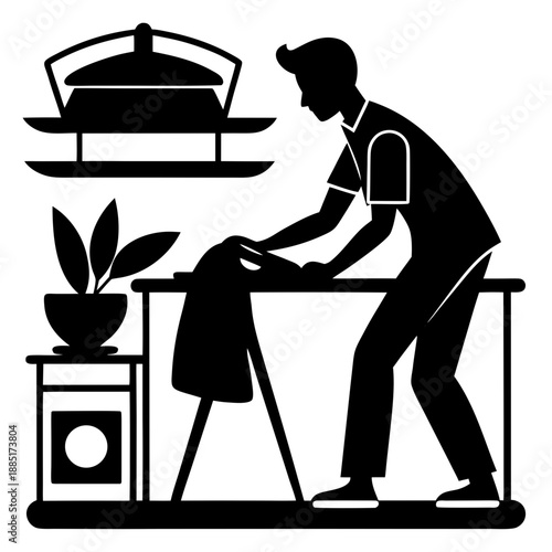 Man silhouette ironing towel indoors at home, domestic chore black vector on white background.