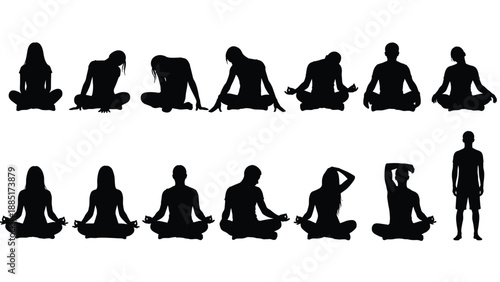 Black silhouettes of people practicing meditation and yoga in various sitting poses isolated on white background for wellness and mindfulness,